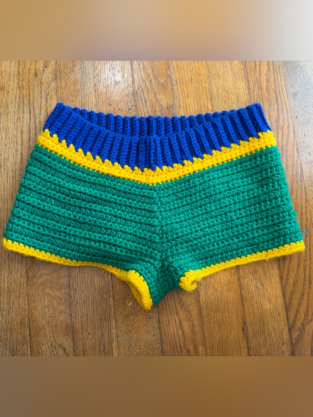 Handmade Crocheted Green, Blue & Yellow mini shorts